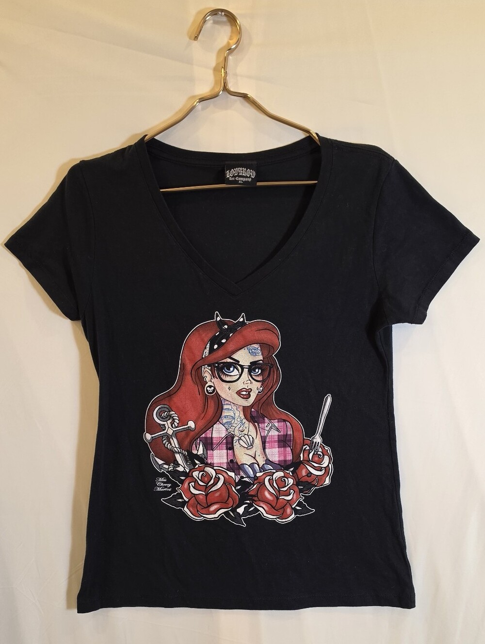Lowbrow Art Co Tattooed Mermaid V-Neck Graphic T-Shirt XL Miss Cherry Martini